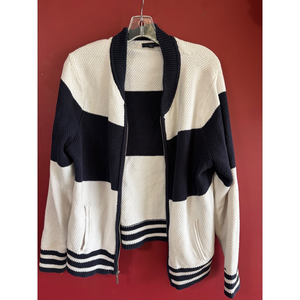 Tommy Hilfiger Mens XL Full Zip Cardigan Sweater Navy Blue White Colorblock
